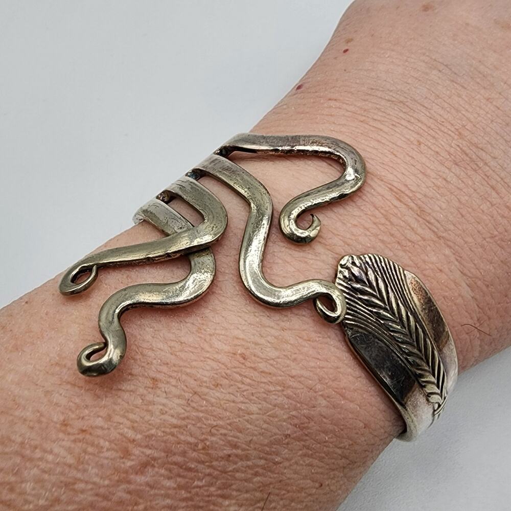 Artisan Fork Handle Hinged Clamper Bracelet Abstract Silver Tone - Picture 2 of 8
